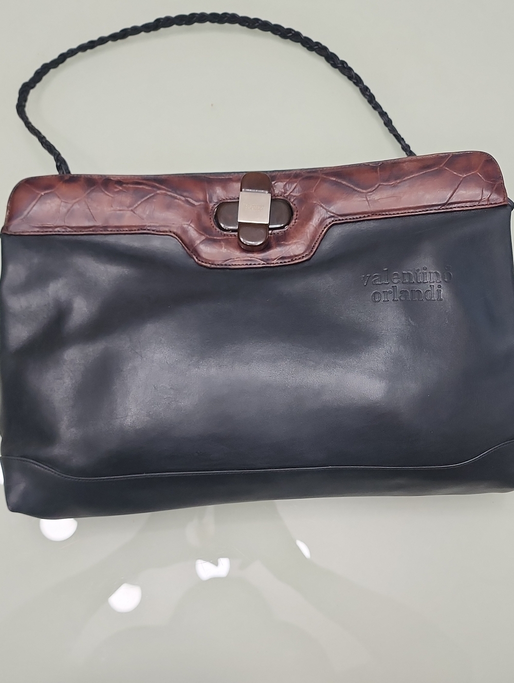 Valentino Orlandi Black and Brown Leather Briefcase with Braided Strap
